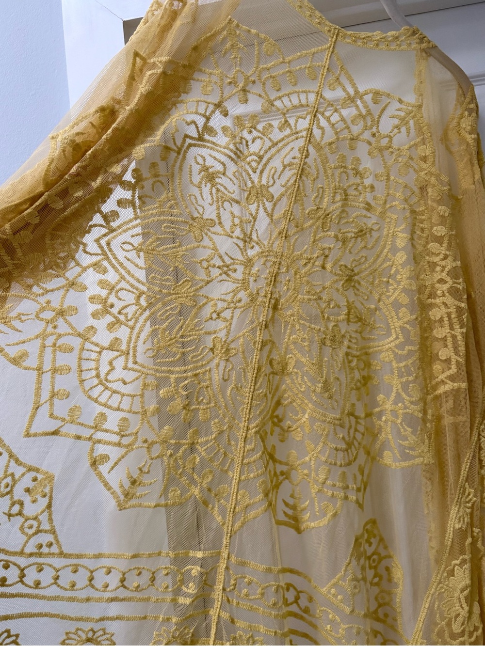 Mustard Yellow Sheer Embroidered Kimono Wrap - Picture 6 of 9